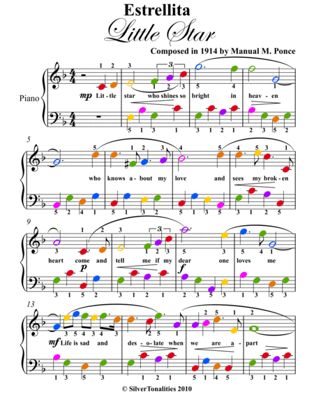 Estrellita Little Star Easy Piano Sheet Music with Colored Notation