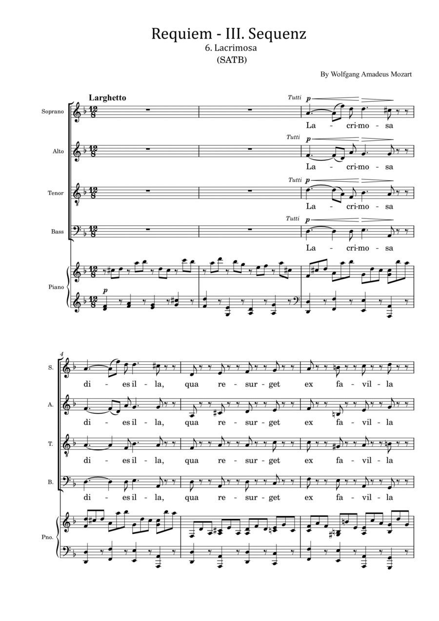 Requiem, 8. Lacrimosa (SATB) - With Lyric - Mozart 4-Part scores gallery preview page 1
