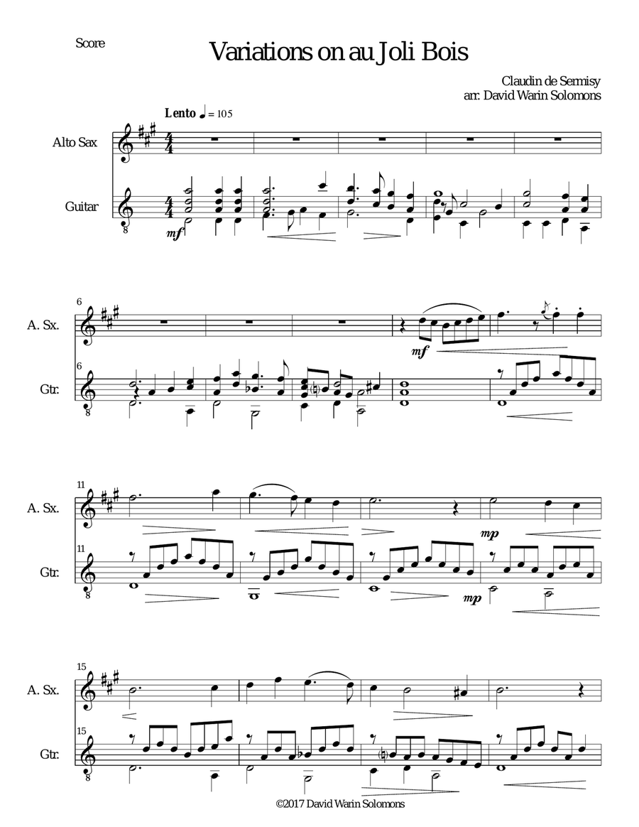 Variations on au Joli Bois for alto saxophone and guitar Alto Saxophone scores gallery preview page 1