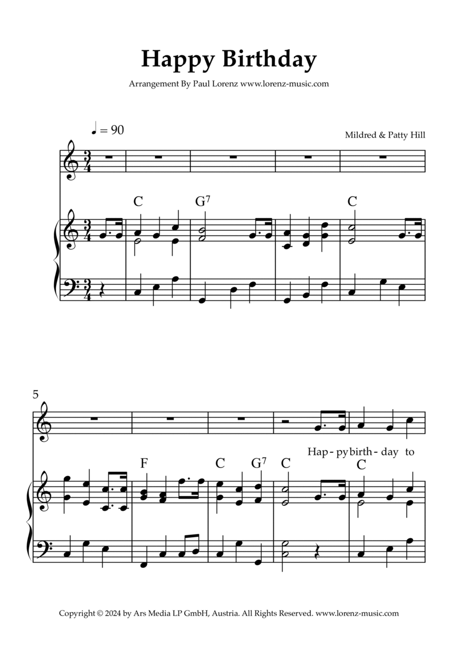 Happy Birthday Piano, Vocal, Guitar scores gallery preview page 1