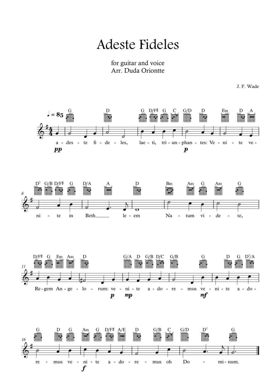 Adeste Fideles (guitar - G major - TABS - with lyrics) O Come All Ye Faiful Guitar Tablature scores gallery preview page 1