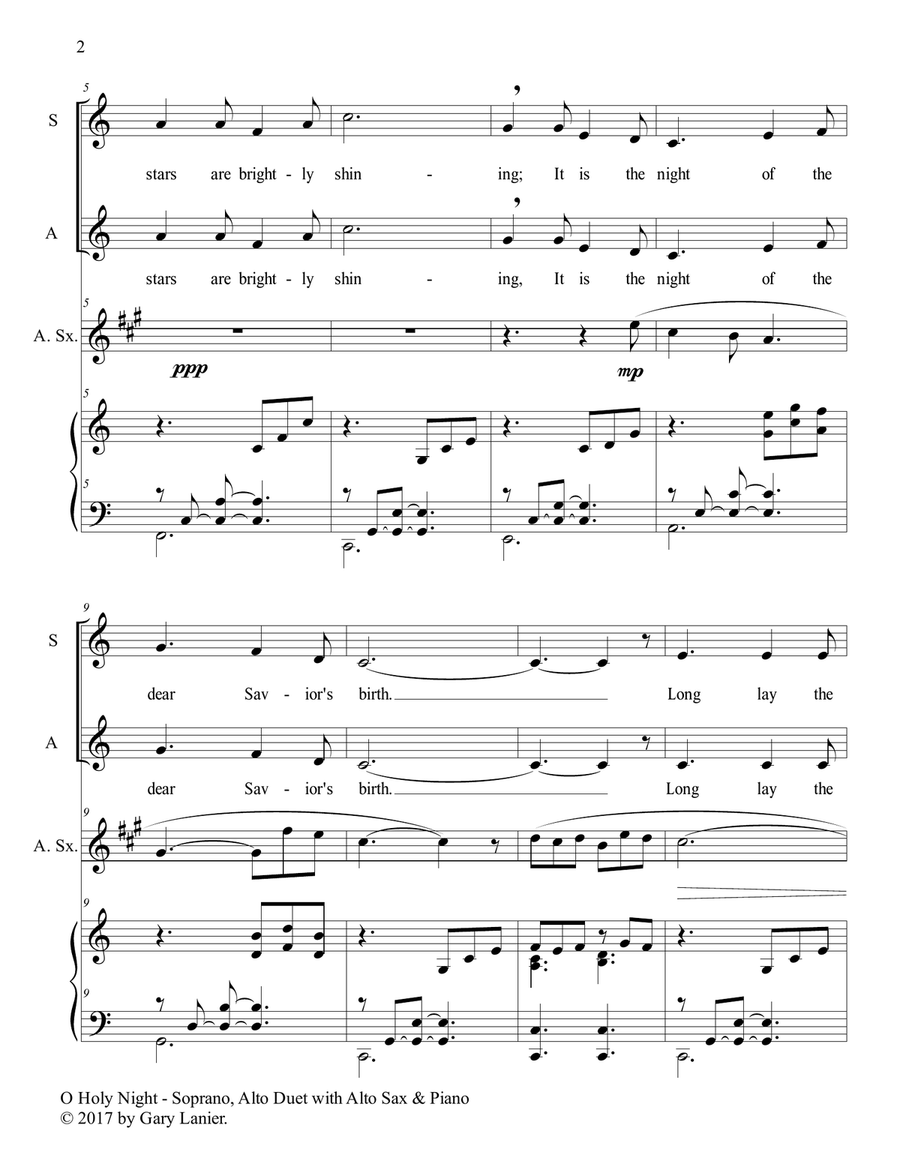 O HOLY NIGHT (Soprano, Alto Vocal Duet with Alto Sax & Piano - Score & Parts included) Small Ensemble scores gallery preview page 3