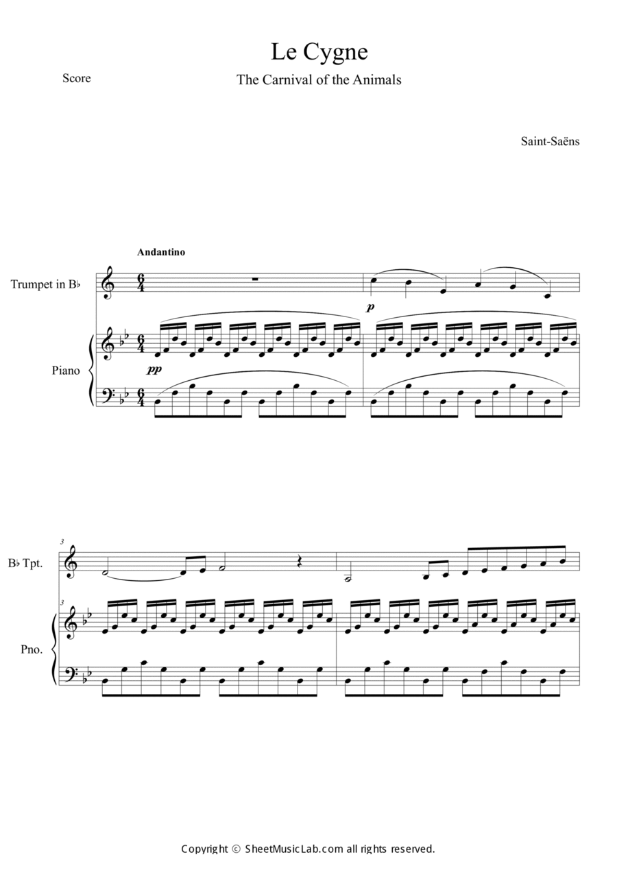 Le Cygne (Le Carnaval des Animaux) in Bb Trumpet Solo scores gallery preview page 1