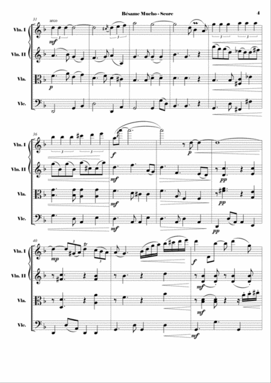 Besame Mucho (Kiss Me Much) String Quartet scores gallery preview page 4