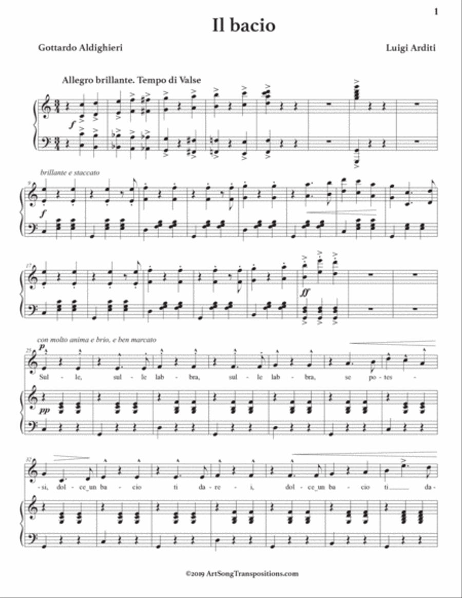 ARDITI: Il bacio (transposed to C major) Voice scores gallery preview page 2