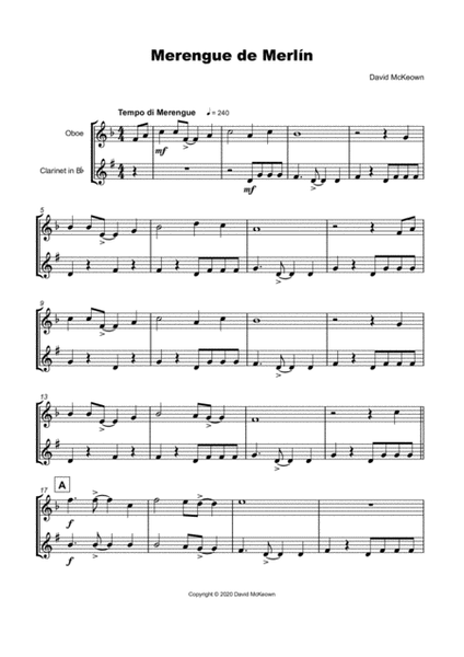 Merengue de Merlín, for Oboe and Clarinet Duet
