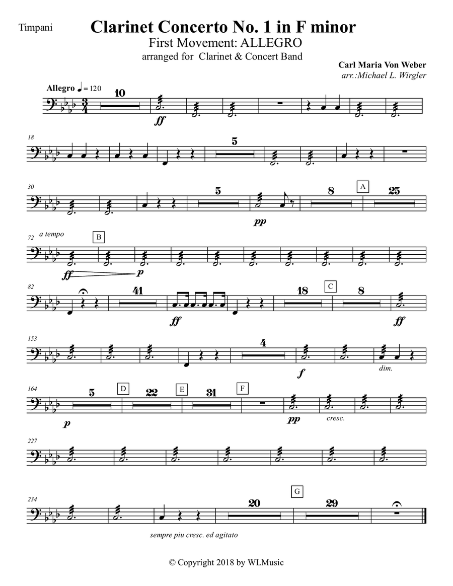 Weber: Concerto for Clarinet No.1 in f minor, Op.73 - First Movement: Allegro Concert Band scores gallery preview page 1
