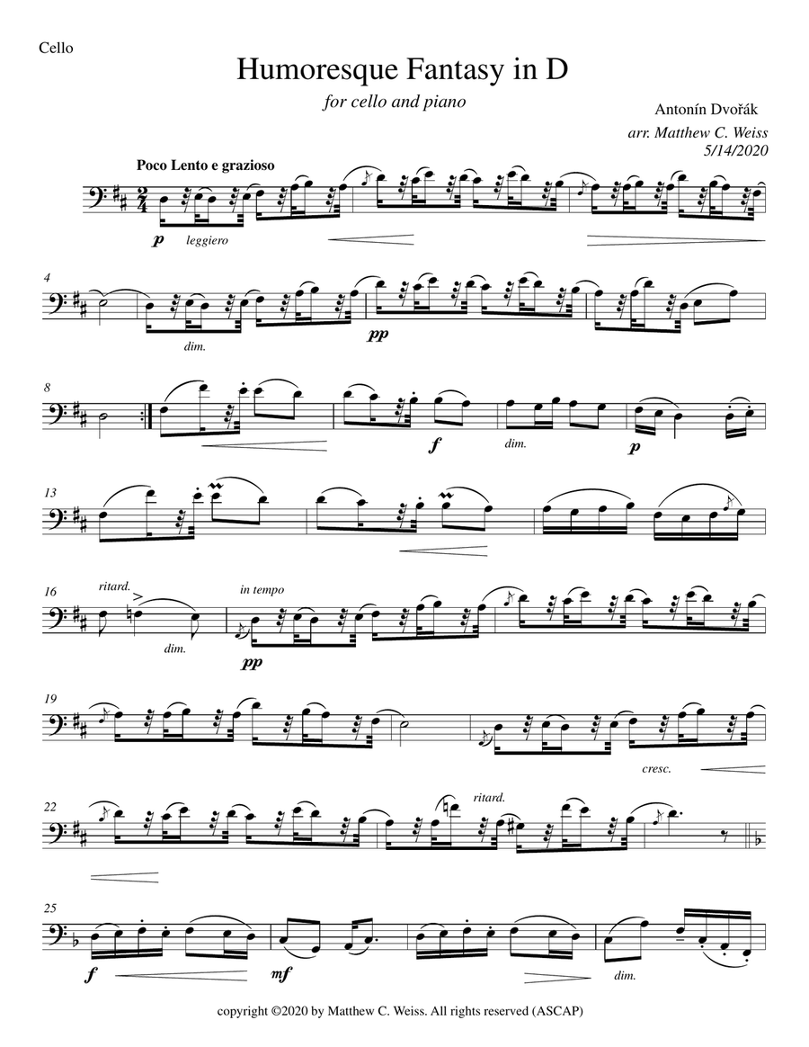 Humoresque Fantasy in D for Cello and Piano Piano scores gallery preview page 1