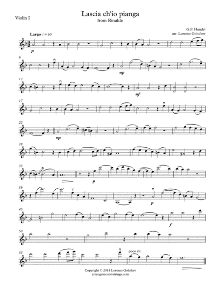 Lascia Ch'io Pianga from Rinaldo String Quartet scores gallery preview page 1