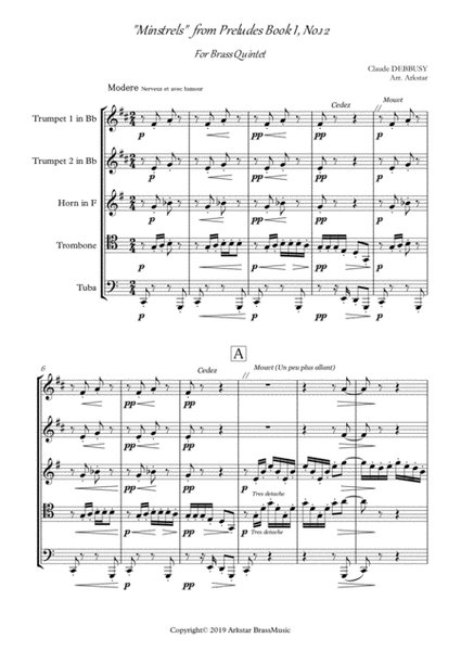Debussy: "Minstrels" from Preludes Book I No.12 for Brass Quintet (2 Trumpets, Horn, Trombone, Tuba) image number null