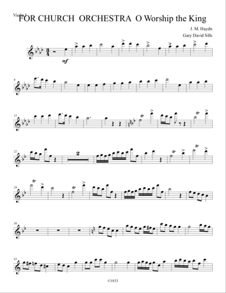 For Church Orchestra O Worship the King Violin I Violin Solo scores gallery preview page 1