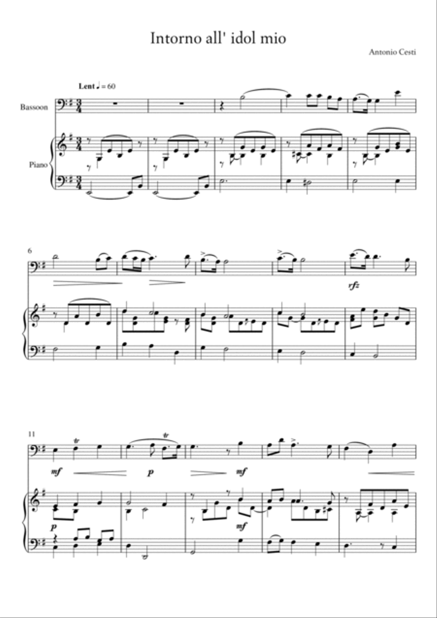 Antonio Cesti - Intorno all idol mio (Piano and Bassoon) Small Ensemble scores gallery preview page 2
