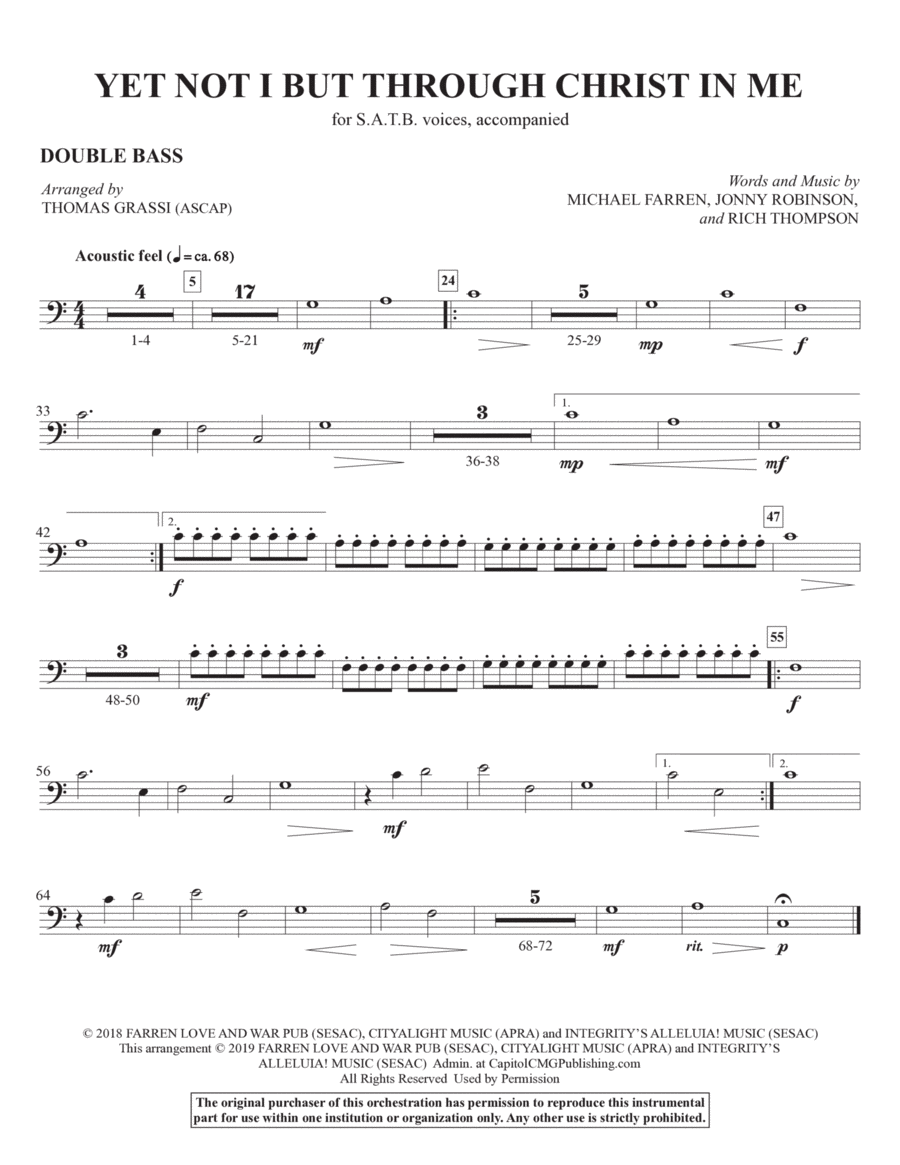 Yet Not I But Through Christ in Me (arr. Thomas Grassi) - Double Bass
