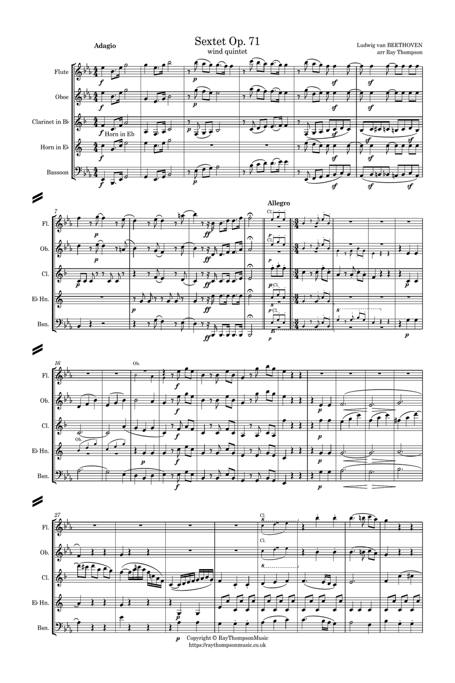 Beethoven: Wind Sextet Op.71 - wind quintet Woodwind Quintet scores gallery preview page 1