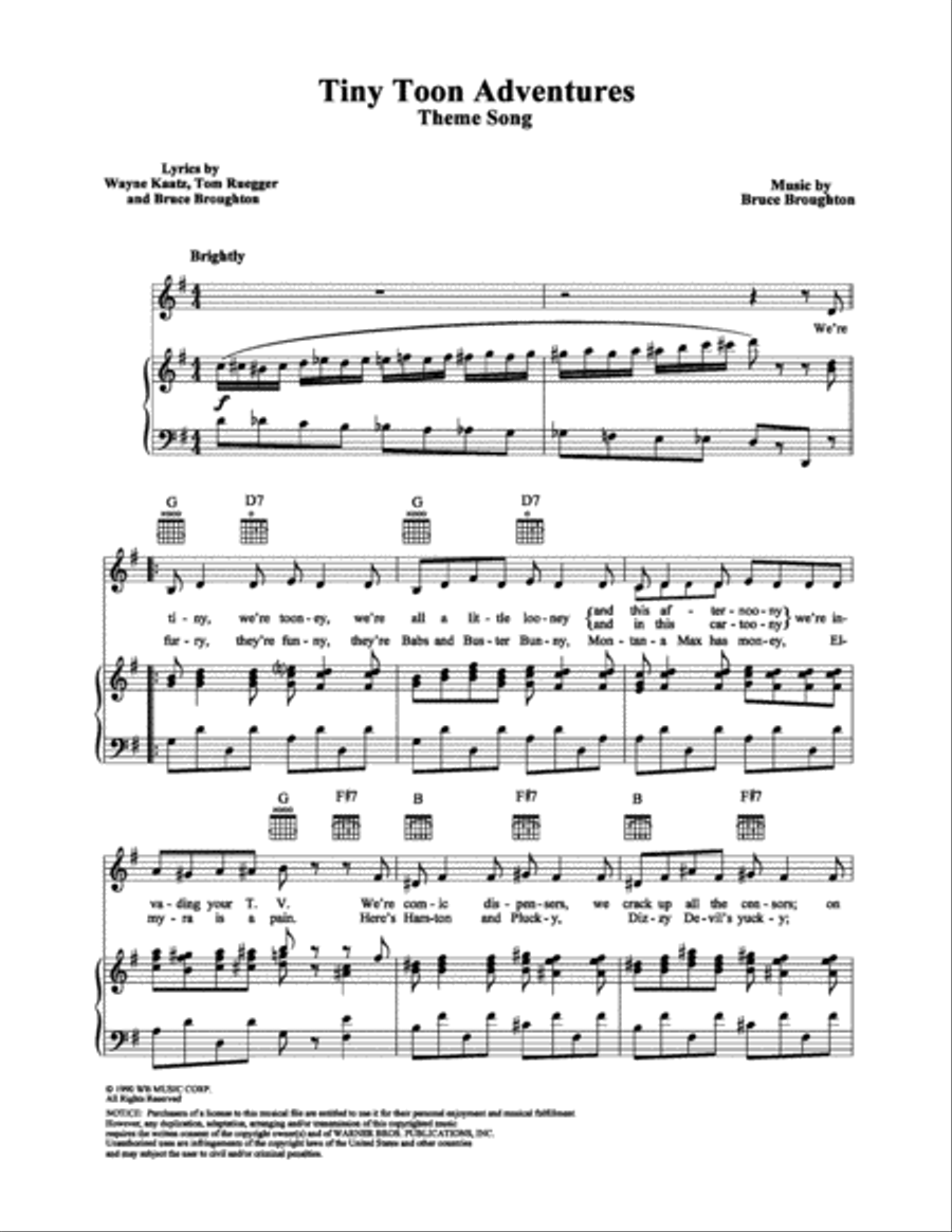 Tiny Toon Adventures Tiny Toon Adventures Piano, Vocal, Guitar scores gallery preview page 1