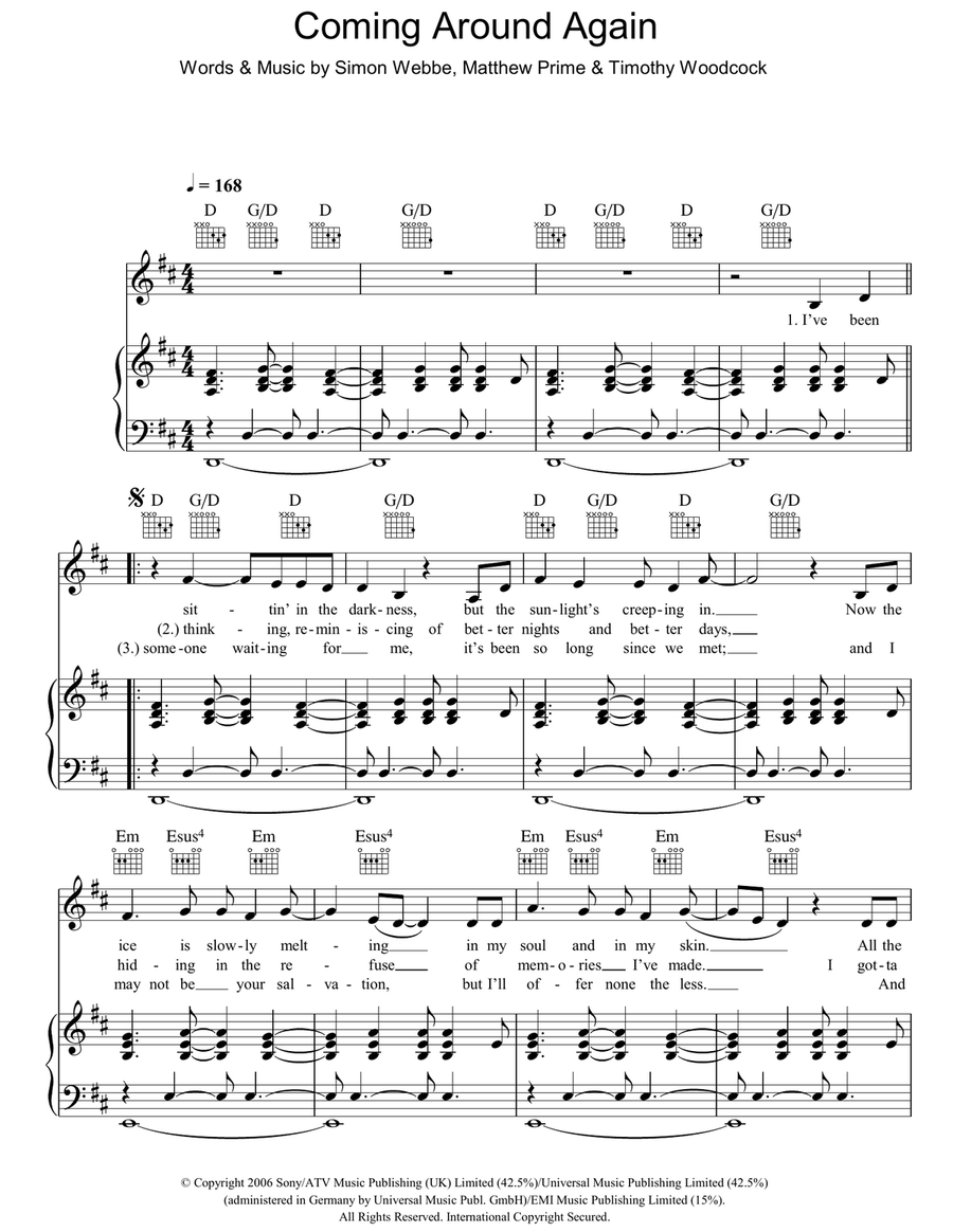 Coming Around Again Piano, Vocal, Guitar scores gallery preview page 1