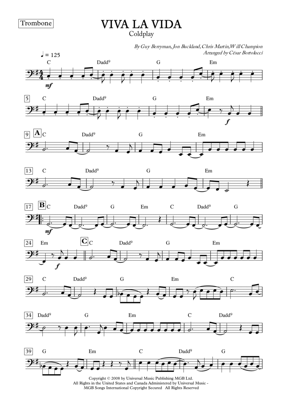 Viva La Vida Trombone Solo scores gallery preview page 1