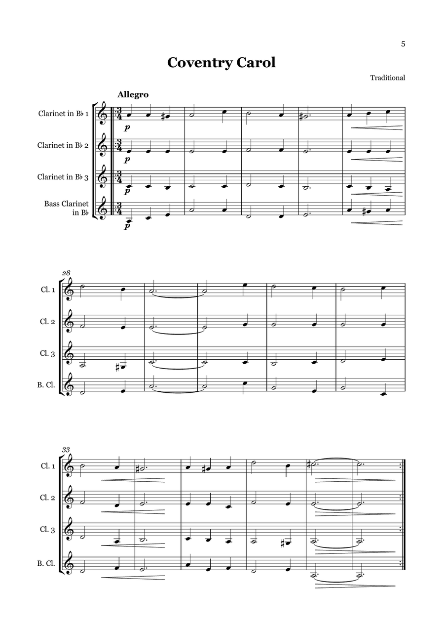 Christmas Carol Selection vol. 2 for clarinet quartet Clarinet Quartet scores gallery preview page 5