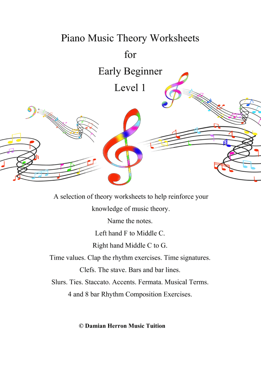 Piano Music Theory Worksheets for Early Beginner. Level 1 Piano Method scores gallery preview page 1