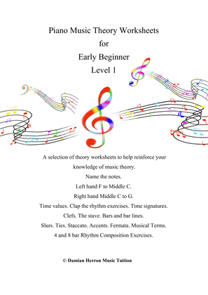 Book cover for Piano Music Theory Worksheets for Early Beginner. Level 1