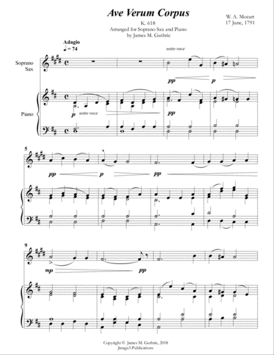 Mozart: Ave Verum Corpus for Soprano Sax & Piano Soprano Saxophone scores gallery preview page 1