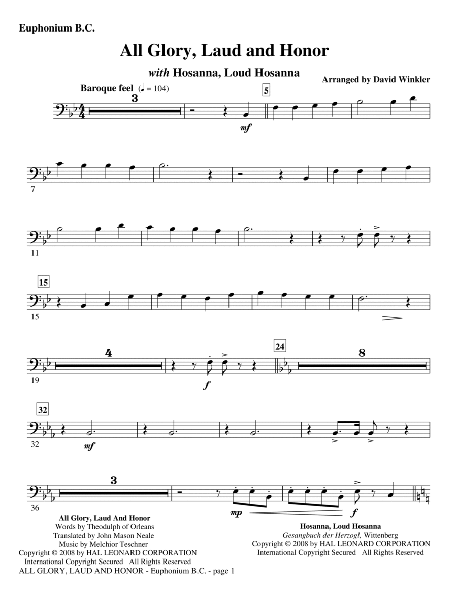 All Glory, Laud, And Honor (with Hosanna, Loud Hosanna) - Euphonium BC Euphonium scores gallery preview page 1