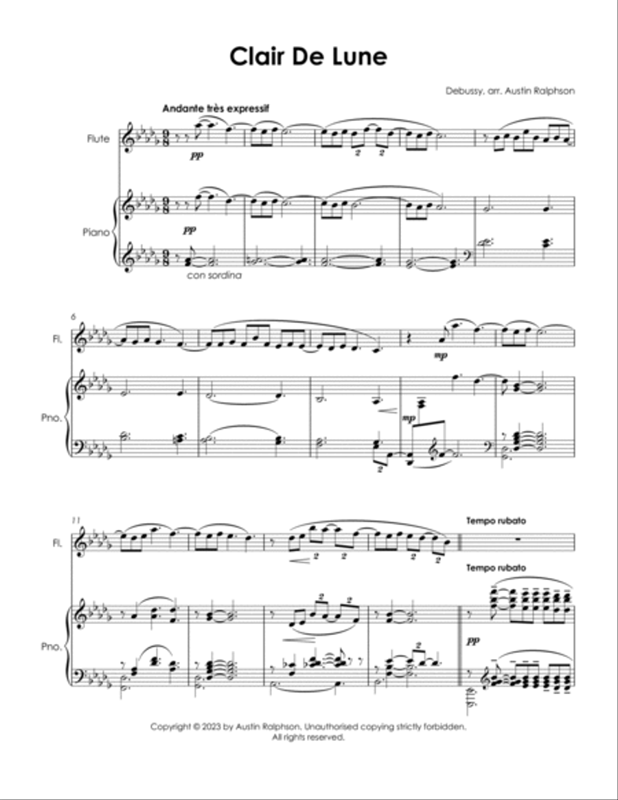 Clair De Lune (Debussy) - flute and piano with FREE BACKING TRACK Flute Solo scores gallery preview page 3