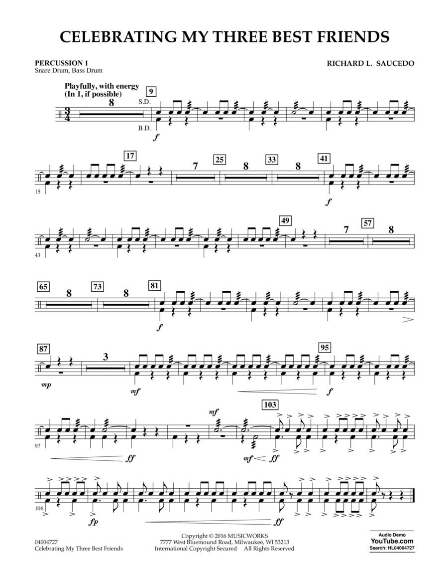 Celebrating My Three Best Friends - Percussion 1 Percussion scores gallery preview page 1
