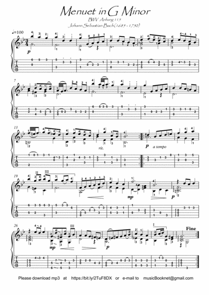 Minuet in G by Bach guitar solo image number null