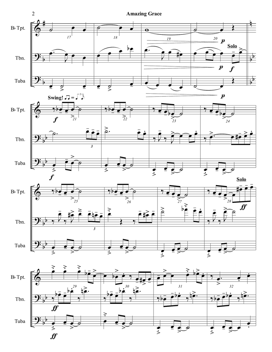 Amazing Grace - Mixed Brass Trio (Trumpet, Trombone, Tuba) - Jazz Funeral Style Brass Trio scores gallery preview page 2