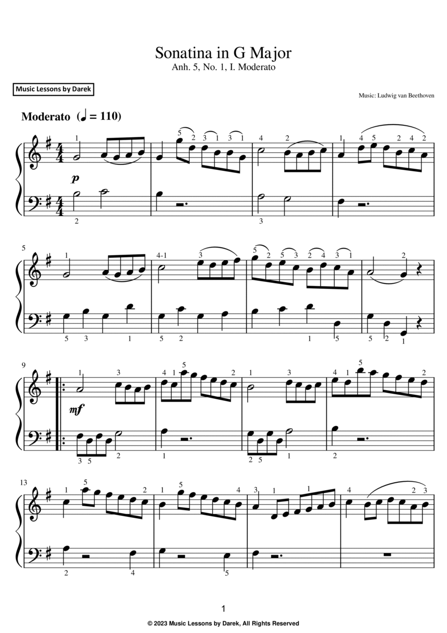 Sonatina in G Major (EASY PIANO) Anh. 5, No. 1, I. Moderato [Ludwig van Beethoven] Easy Piano scores gallery preview page 1