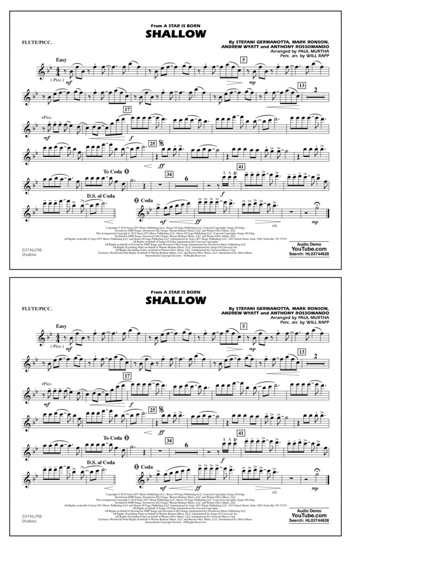 Shallow (from A Star Is Born) (arr. Paul Murtha) - Flute/Piccolo Piccolo scores gallery preview page 1