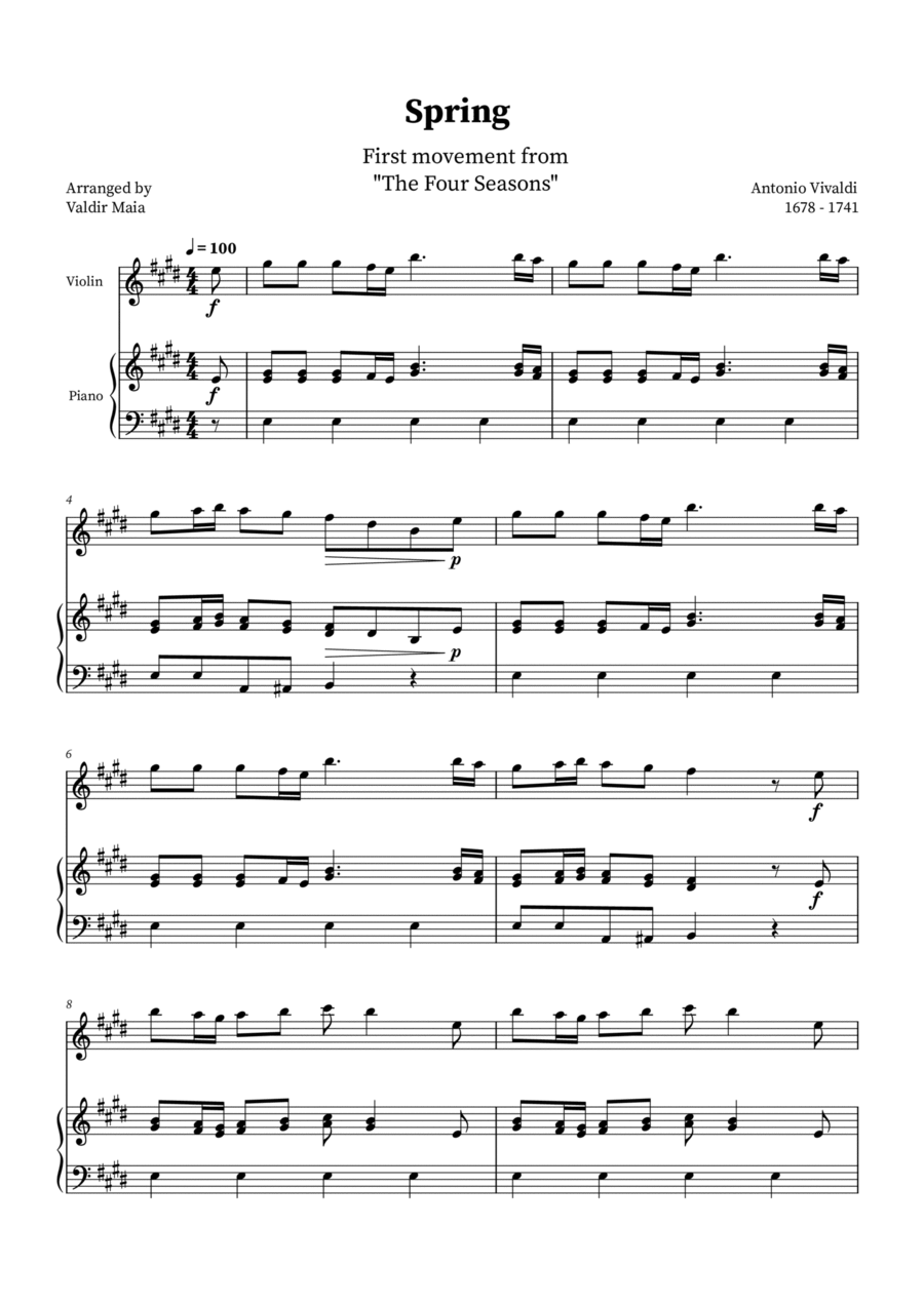 Spring - The Four Seasons for Violin and Piano (E Major) Violin Solo scores gallery preview page 1