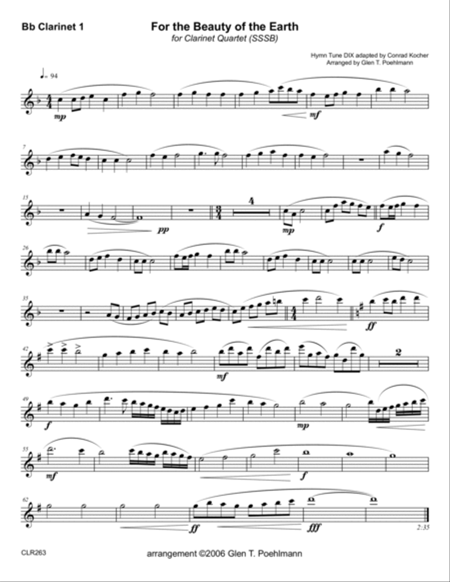 FOR THE BEAUTY OF THE EARTH - SSSB or SSSS CLARINET QUARTET Clarinet Quartet scores gallery preview page 4