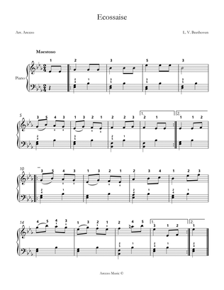 Beethoven Ecossaise sheet music for easy piano with fingering