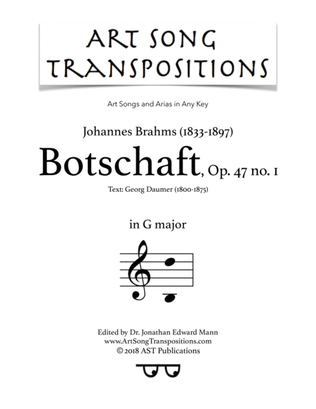 Book cover for BRAHMS: Botschaft, Op. 47 no. 1 (transposed to G major)