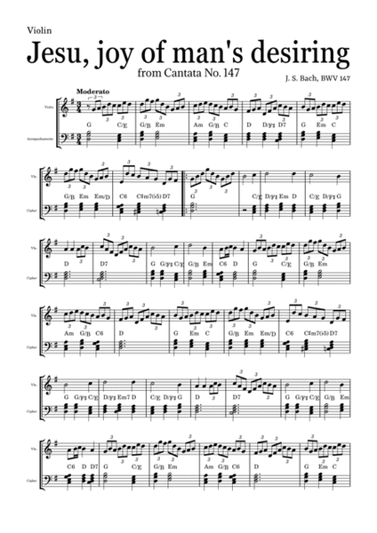JESU, JOY OF MAN'S DESIRING by Bach - easy version for Violin and piano with chords image number null