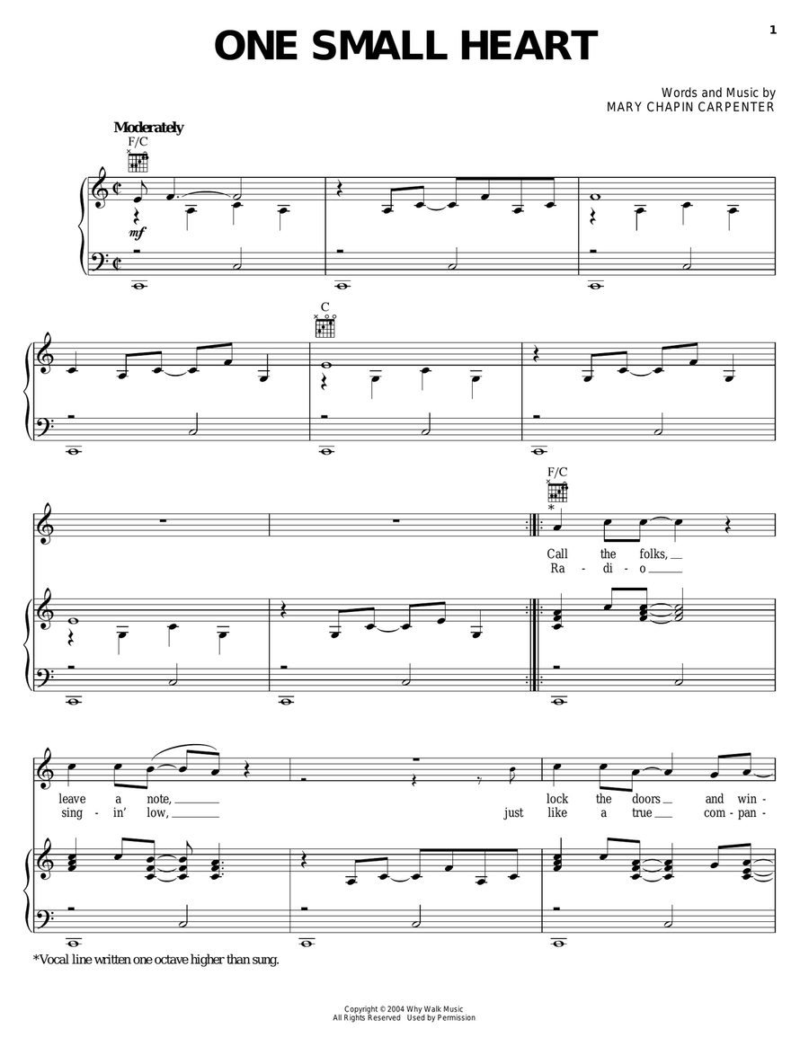One Small Heart Piano, Vocal, Guitar scores gallery preview page 1