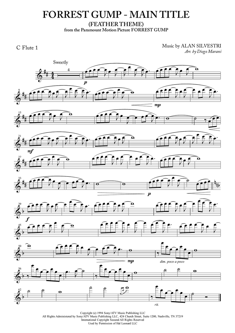Forrest Gump - Main Title (Feather Theme) from the Paramount Motion Picture FORREST GUMP Woodwind Quartet scores gallery preview page 1
