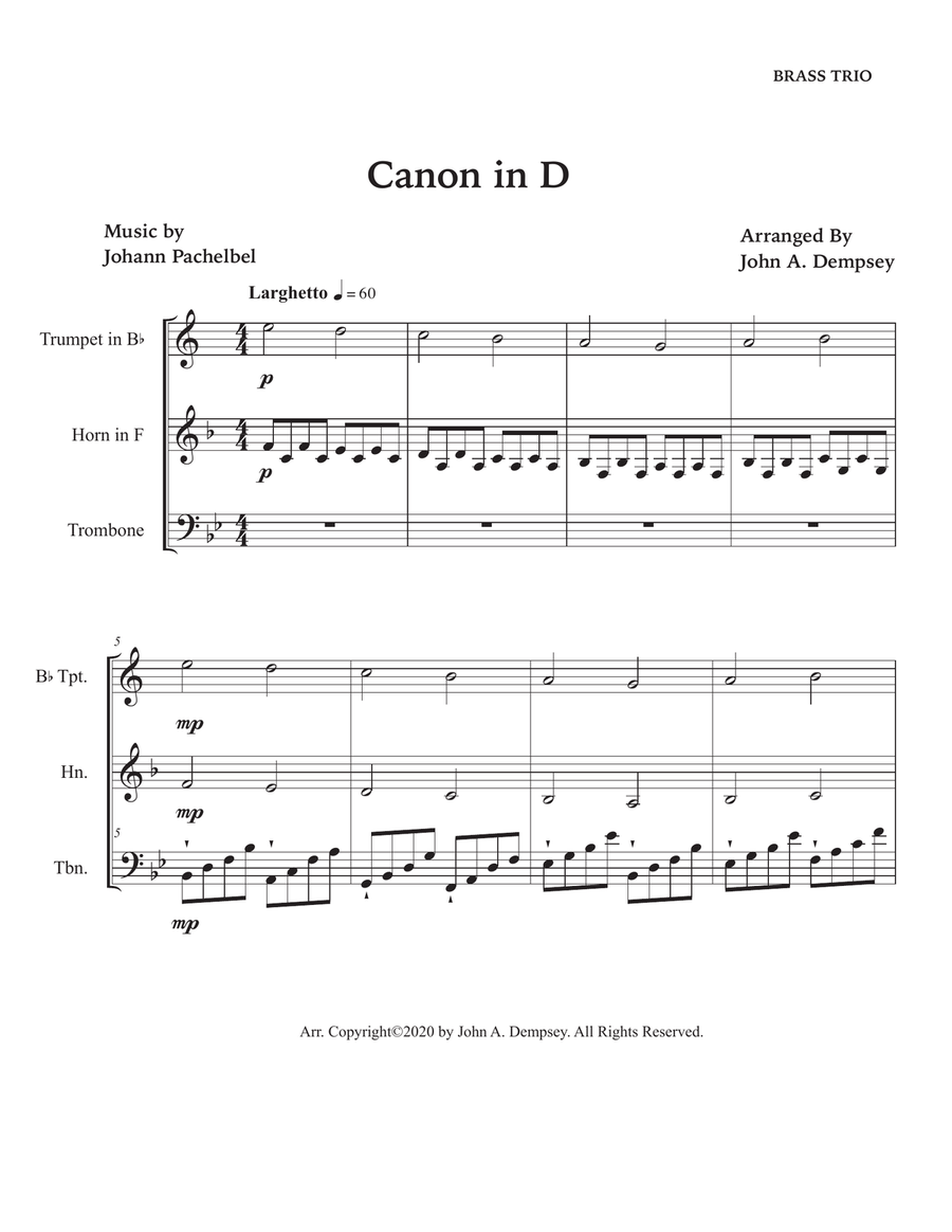 Canon in D (Brass Trio): Trumpet, Horn in F and Trombone Brass Trio scores gallery preview page 5
