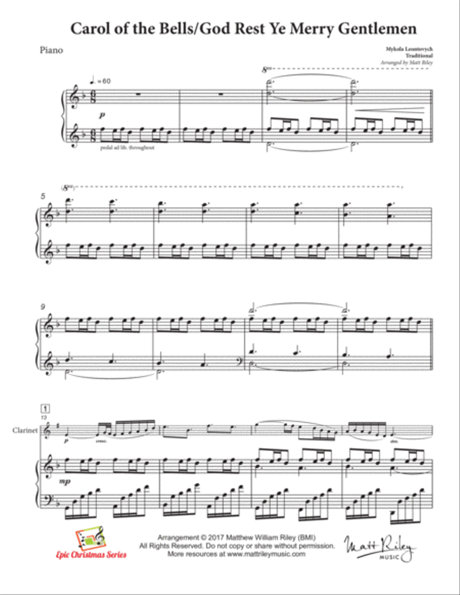 Carol of the Bells / God Rest Ye Merry Gentlemen Clarinet Solo scores gallery preview page 6