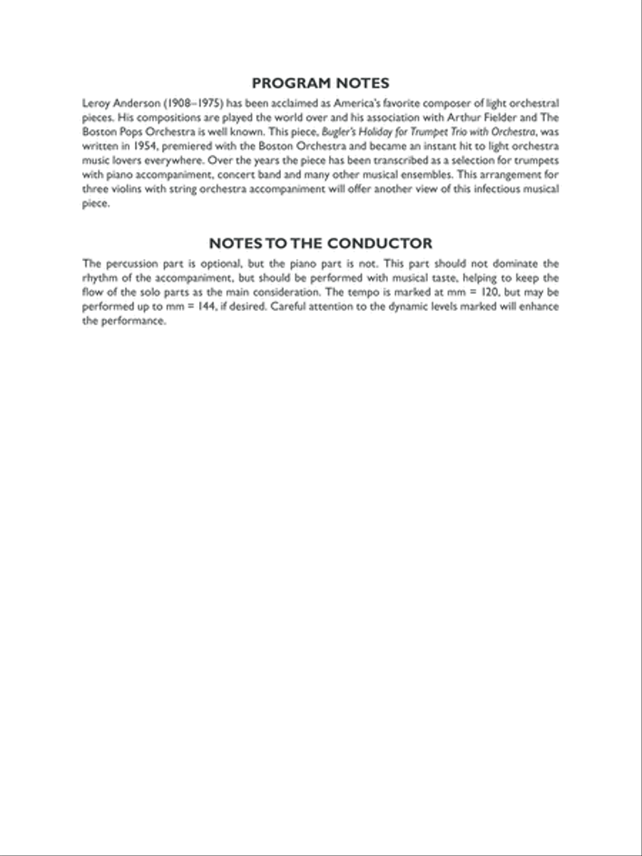 Bugler's Holiday for Three Violins and String Orchestra: Score String Orchestra scores gallery preview page 2