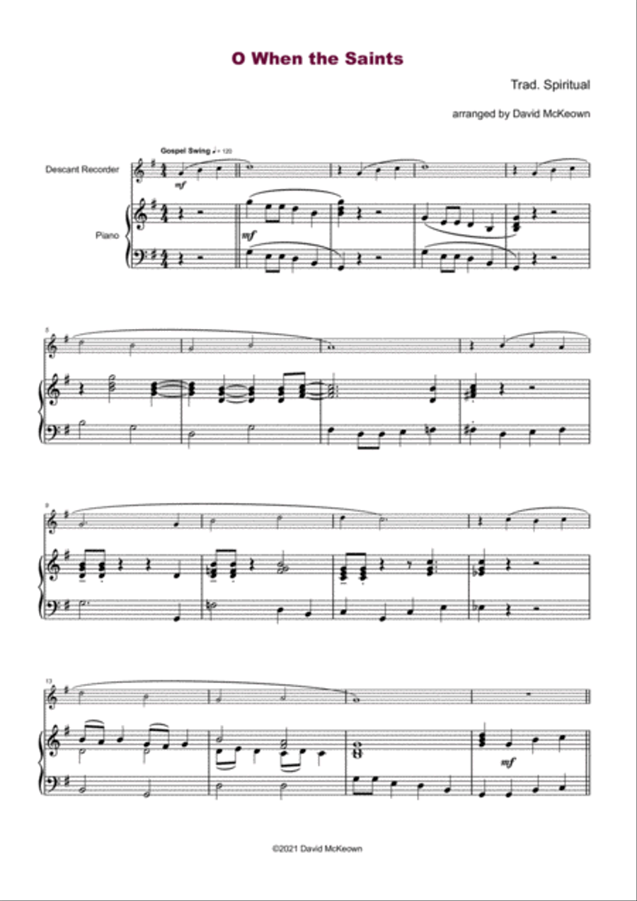 O When the Saints, Gospel Song for Descant Recorder and Piano Soprano Recorder scores gallery preview page 2