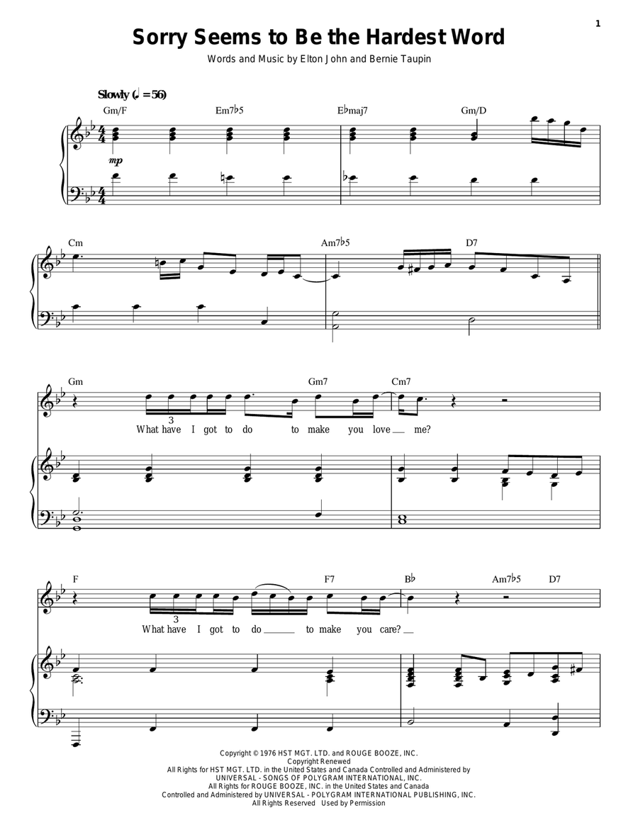 Sorry Seems To Be The Hardest Word Piano, Vocal scores gallery preview page 1