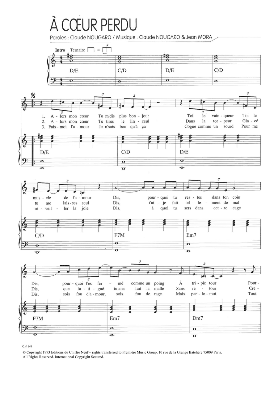 A Coeur Perdu Piano, Vocal scores gallery preview page 1