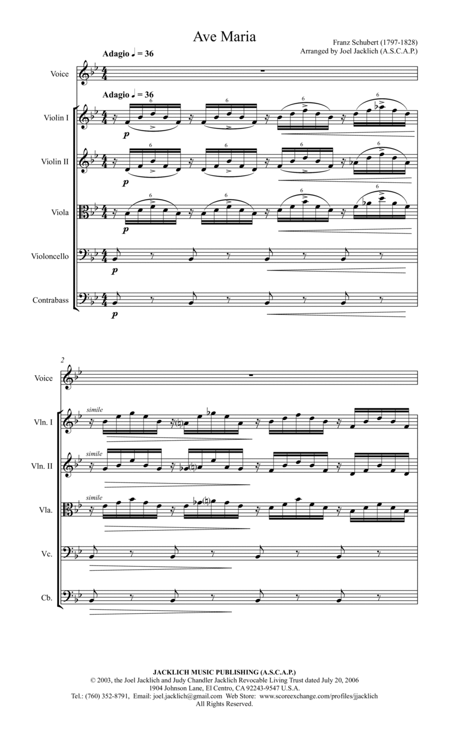 Ave Maria (Schubert) Key of Bb, for Voice with String Orchestra or String Quartet Accompaniment String Quartet scores gallery preview page 1