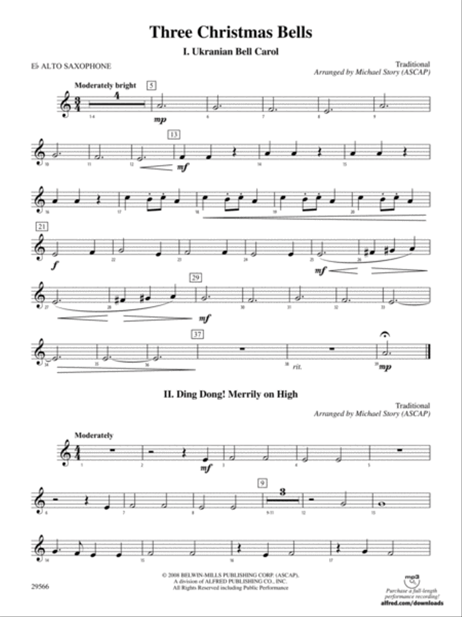Three Christmas Bells (I. Ukranian Bell Carol, II. Ding Dong! Merrily on High, III. Jingle Bells): E-flat Alto Saxophone Concert Band scores gallery preview page 1