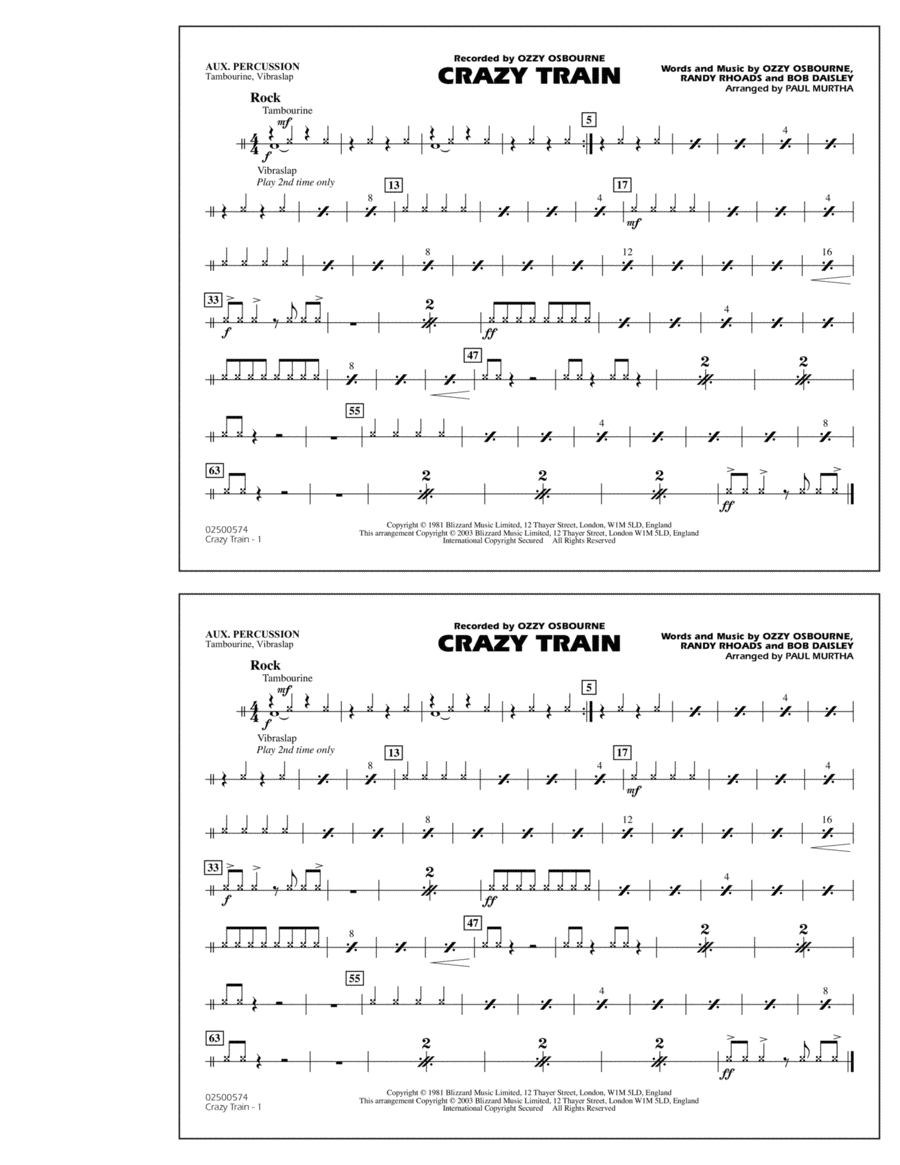 Crazy Train - Aux Percussion Marching Band scores gallery preview page 1