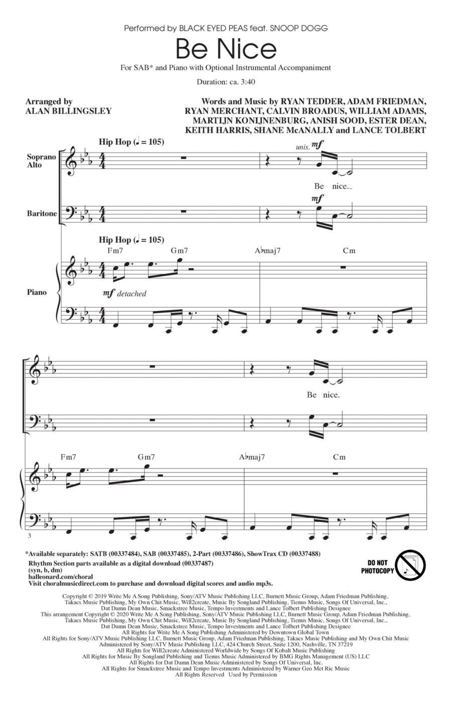 Be Nice (feat. Snoop Dogg) (arr. Alan Billingsley) 3-Part scores gallery preview page 1