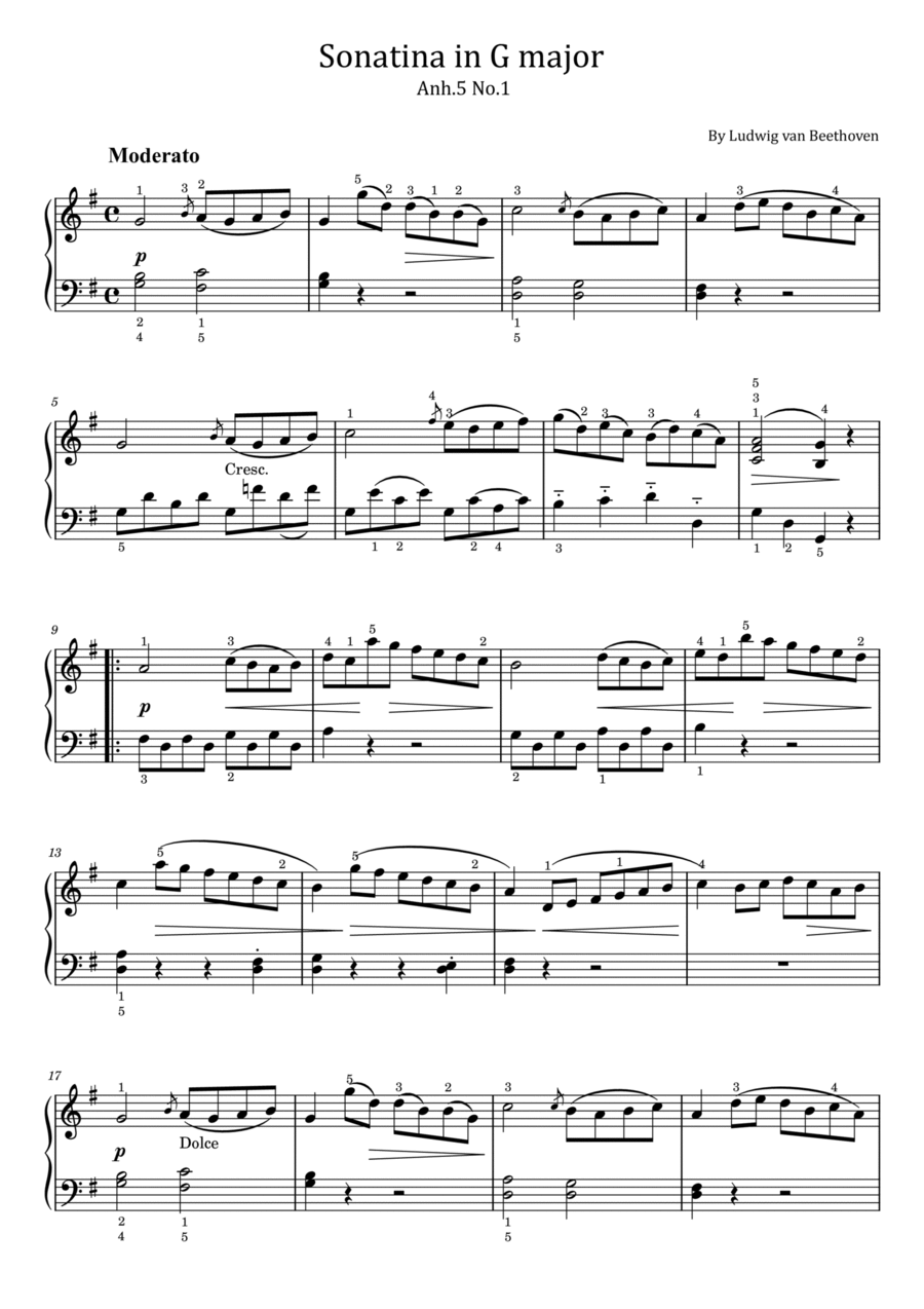 Sonatina in G major - Anh.5 No.1 - Beethoven - Original With Fingered Piano Solo scores gallery preview page 1